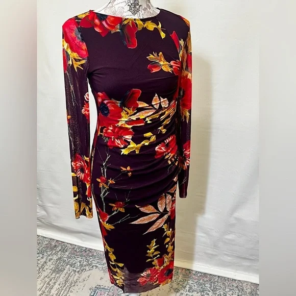 FUZZI Dark burgundy floral stretch midi dress size S/M.‎